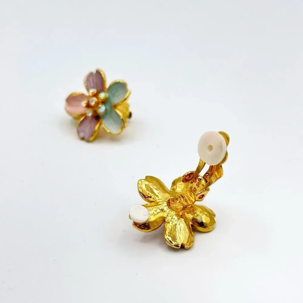 Vintage Pink Purple Blue Flower Rhinestone Clip-On Earrings Estate Statement